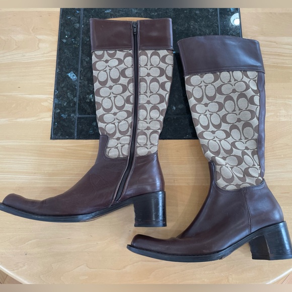 Coach Olivia P156 G2 Tall Heeled Boot Logo Signature Jacquard Brown Leather 7.5 - Picture 2 of 16